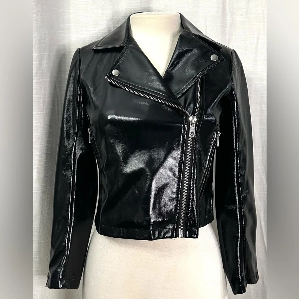 Topshop Women's Black 100% Polyester Cropped Biker Jacket Ladies Zipper Pocket - Picture 3 of 12